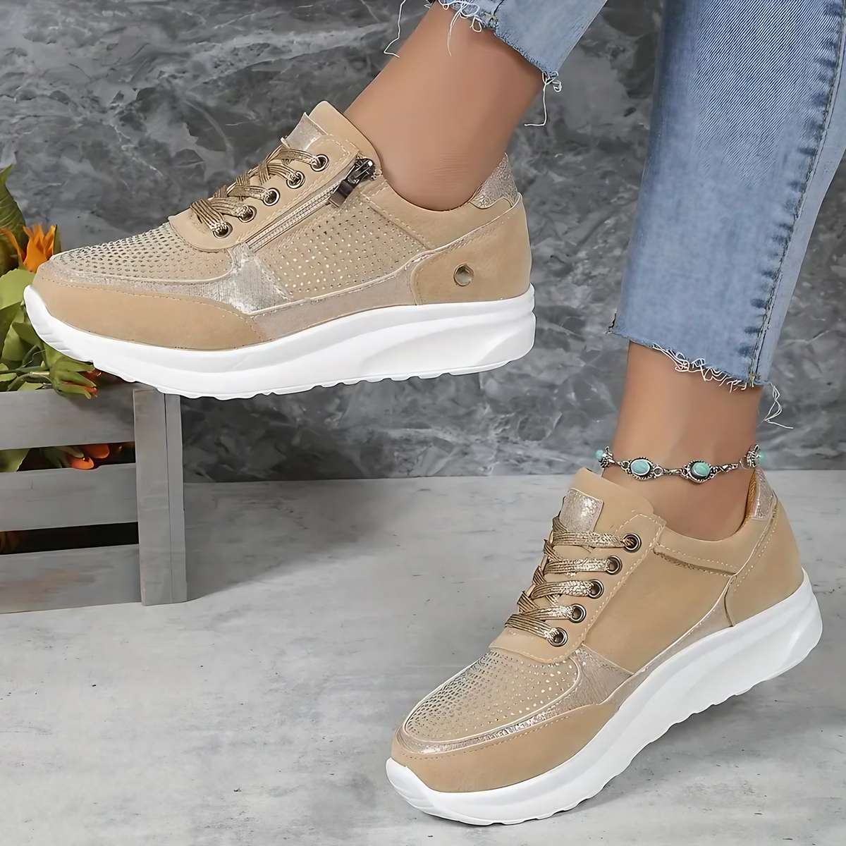 Baskets orthopédiques femme à semelle ergonomique, quatre coloris, beige