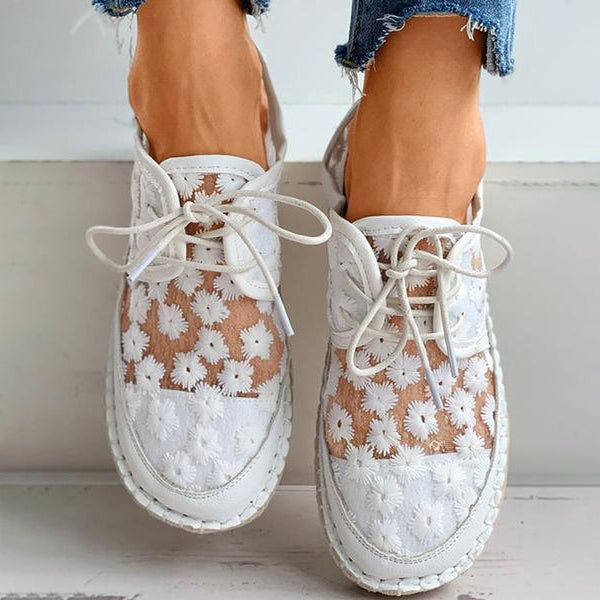 Baskets orthopédiques femme aérées à motif fleuri, blanc ou beige