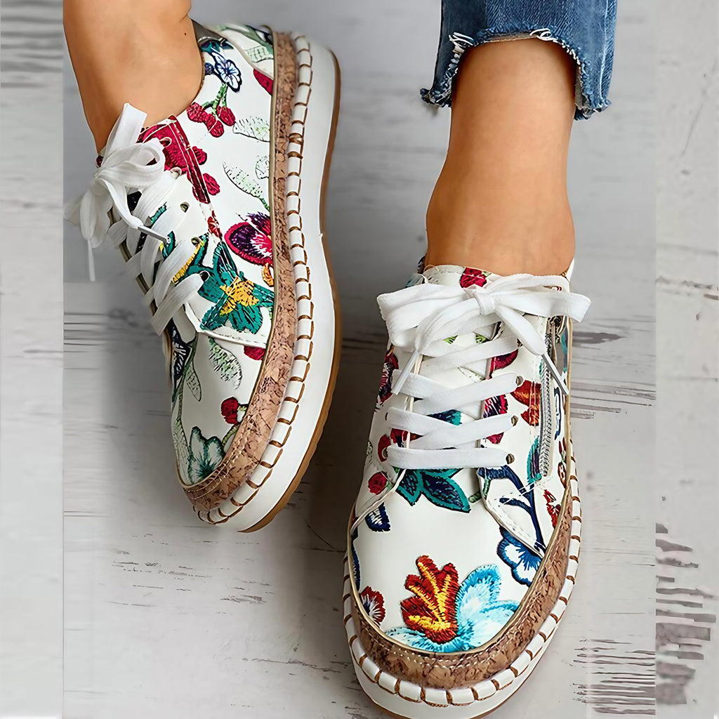 Baskets orthopédiques femme à imprimé fleuri, à lacets, bleu