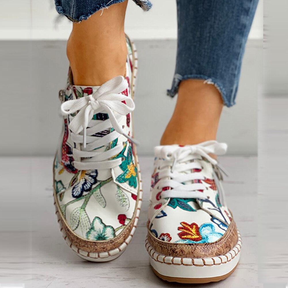 Baskets orthopédiques femme à imprimé fleuri, à lacets