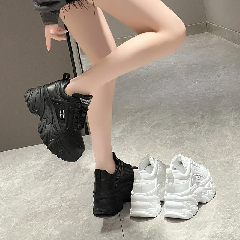 Baskets plateforme femme, semelle épaisse, blanc ou noir