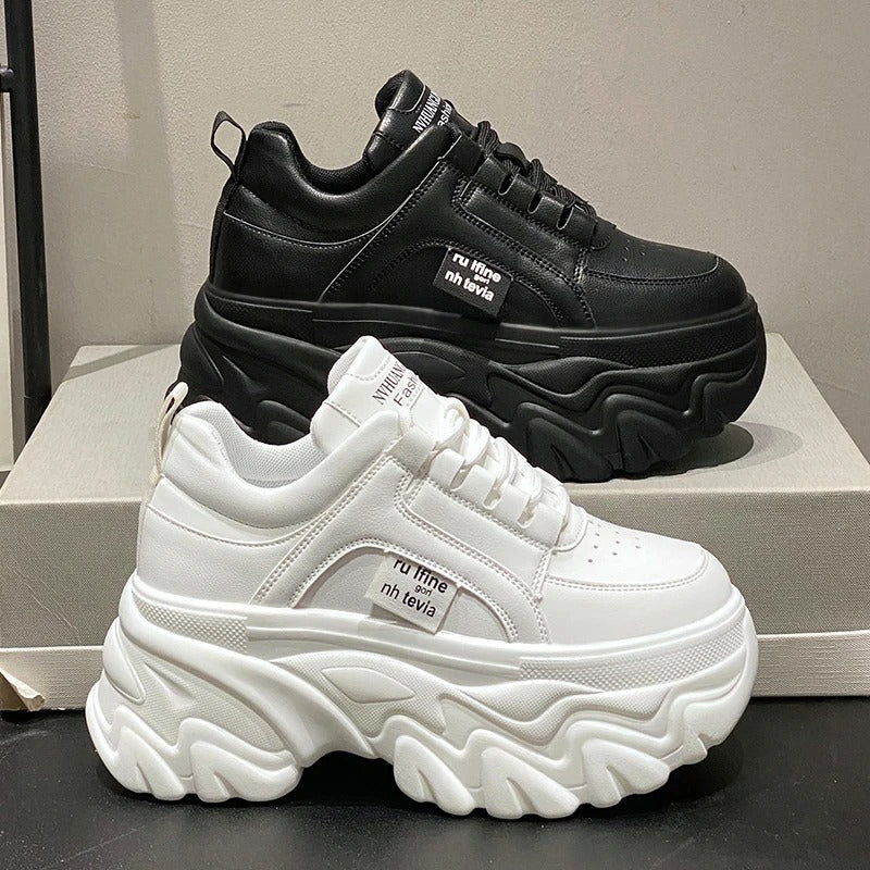 Baskets plateforme femme, semelle épaisse, blanc ou noir