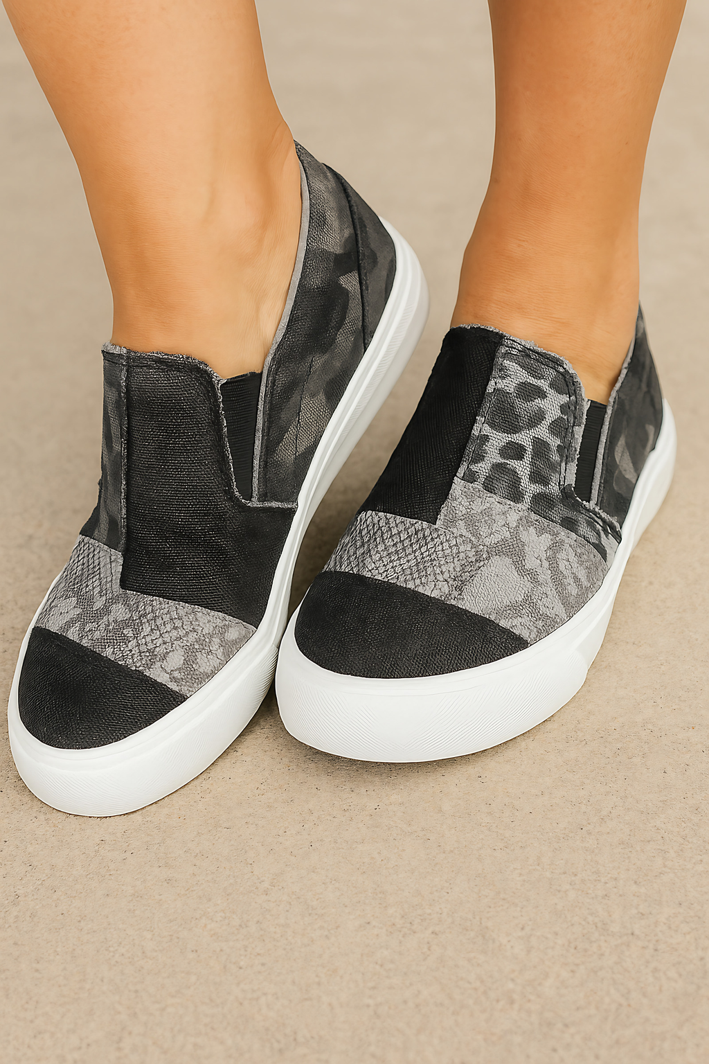 Baskets slip-on femme imprimées, semelle épaisse, du 35 au 43, noir