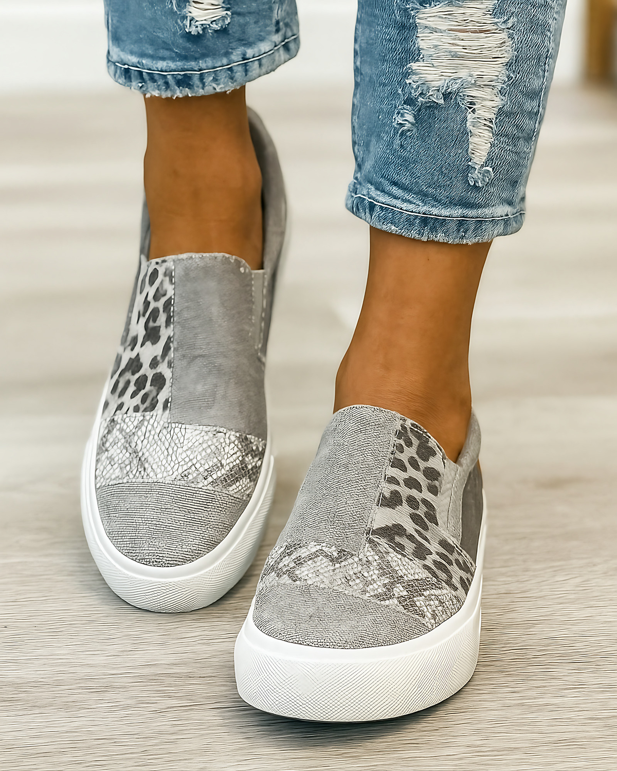 Baskets slip-on femme imprimées, semelle épaisse, du 35 au 43, gris