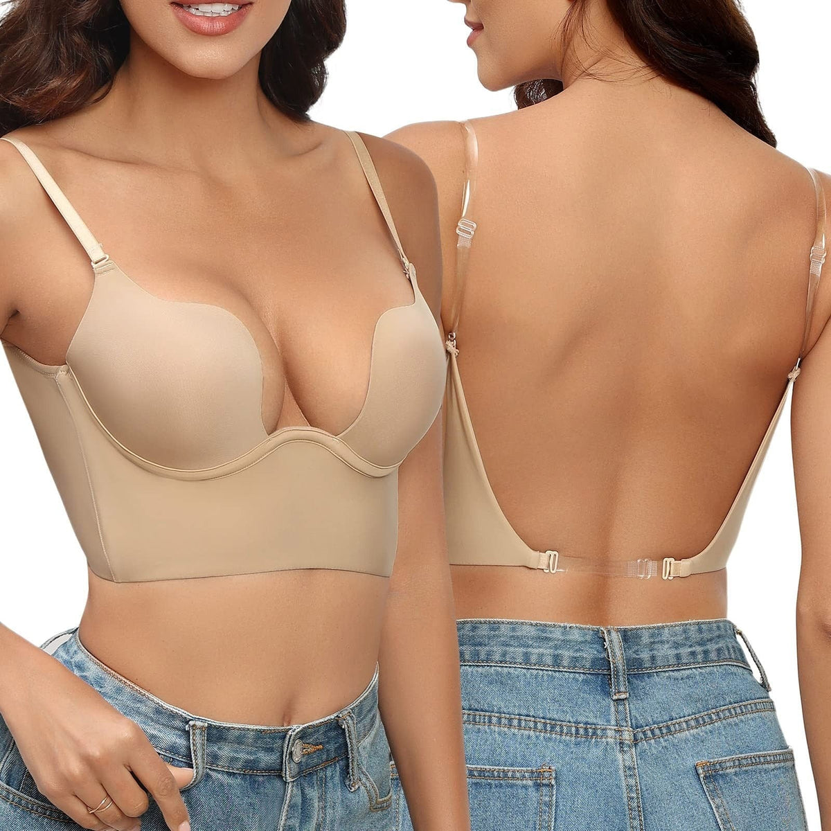 Soutien-gorge sans bretelles dos nu, bonnets A à F, beige