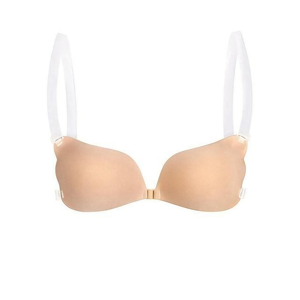 Soutien-gorge sans couture à fermeture avant, bretelles transparentes, beige
