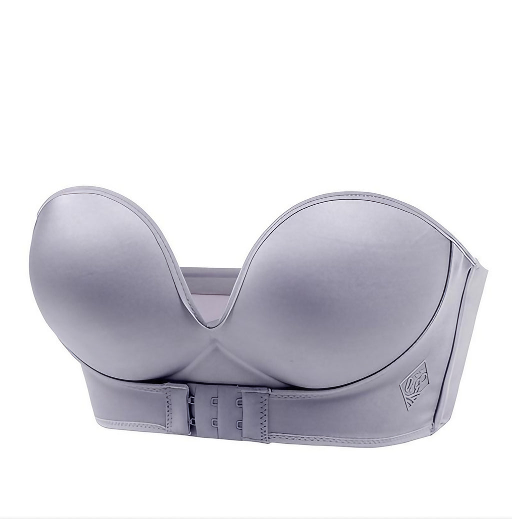 Soutien-gorge sans bretelles à fermeture devant, effet push-up, gris