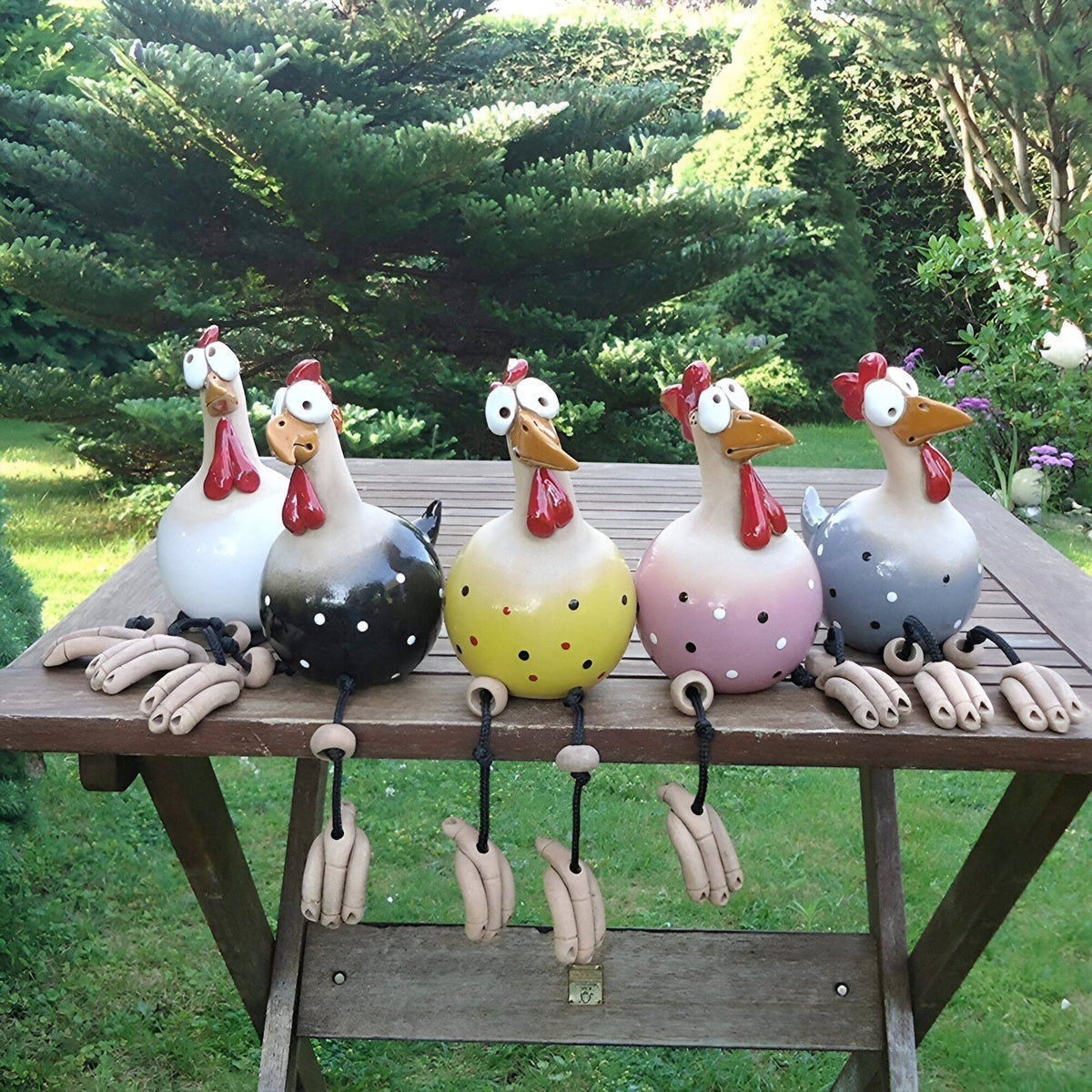 Poule décorative de jardin en résine, grands yeux, pattes mobiles