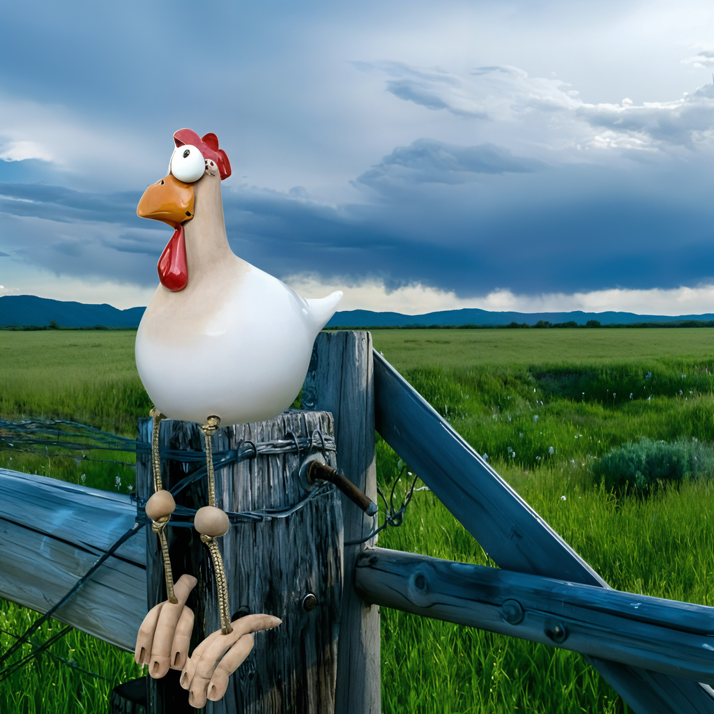 Poule décorative de jardin en résine, grands yeux, pattes mobiles, blanc