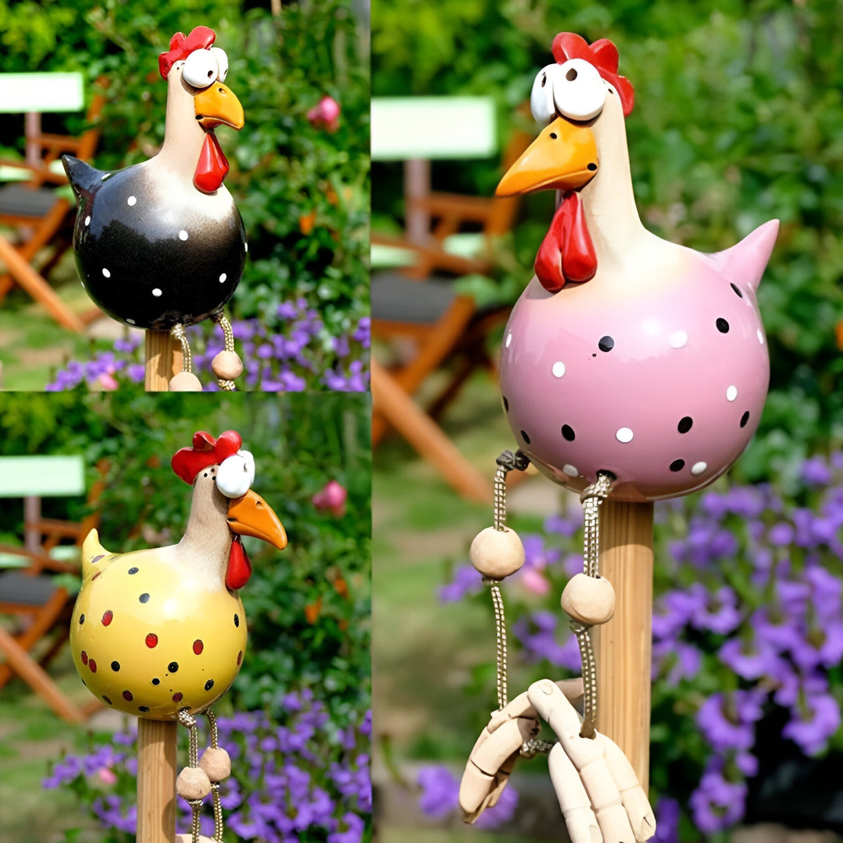 Poule décorative de jardin en résine, grands yeux, pattes mobiles