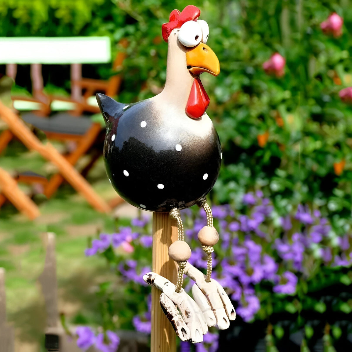 Poule décorative de jardin en résine, grands yeux, pattes mobiles