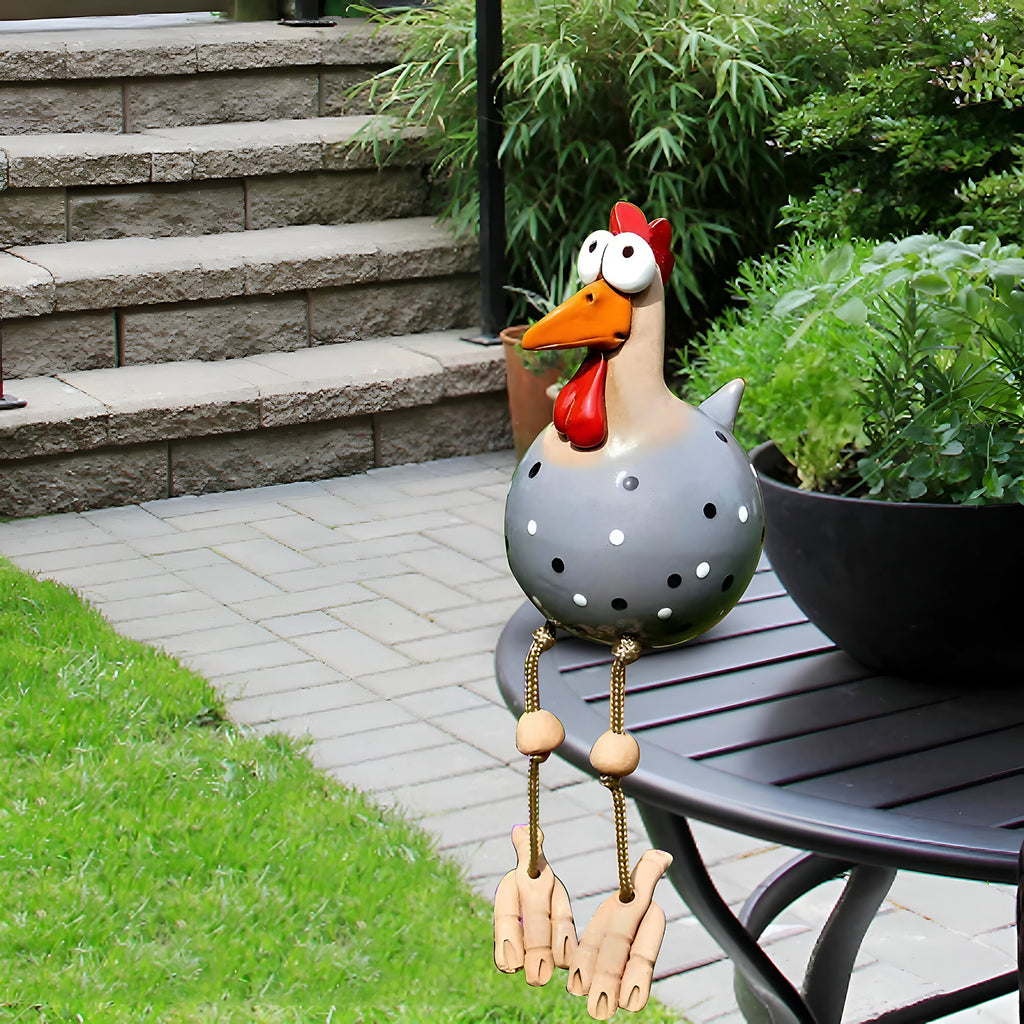 Poule décorative de jardin en résine, grands yeux, pattes mobiles, gris