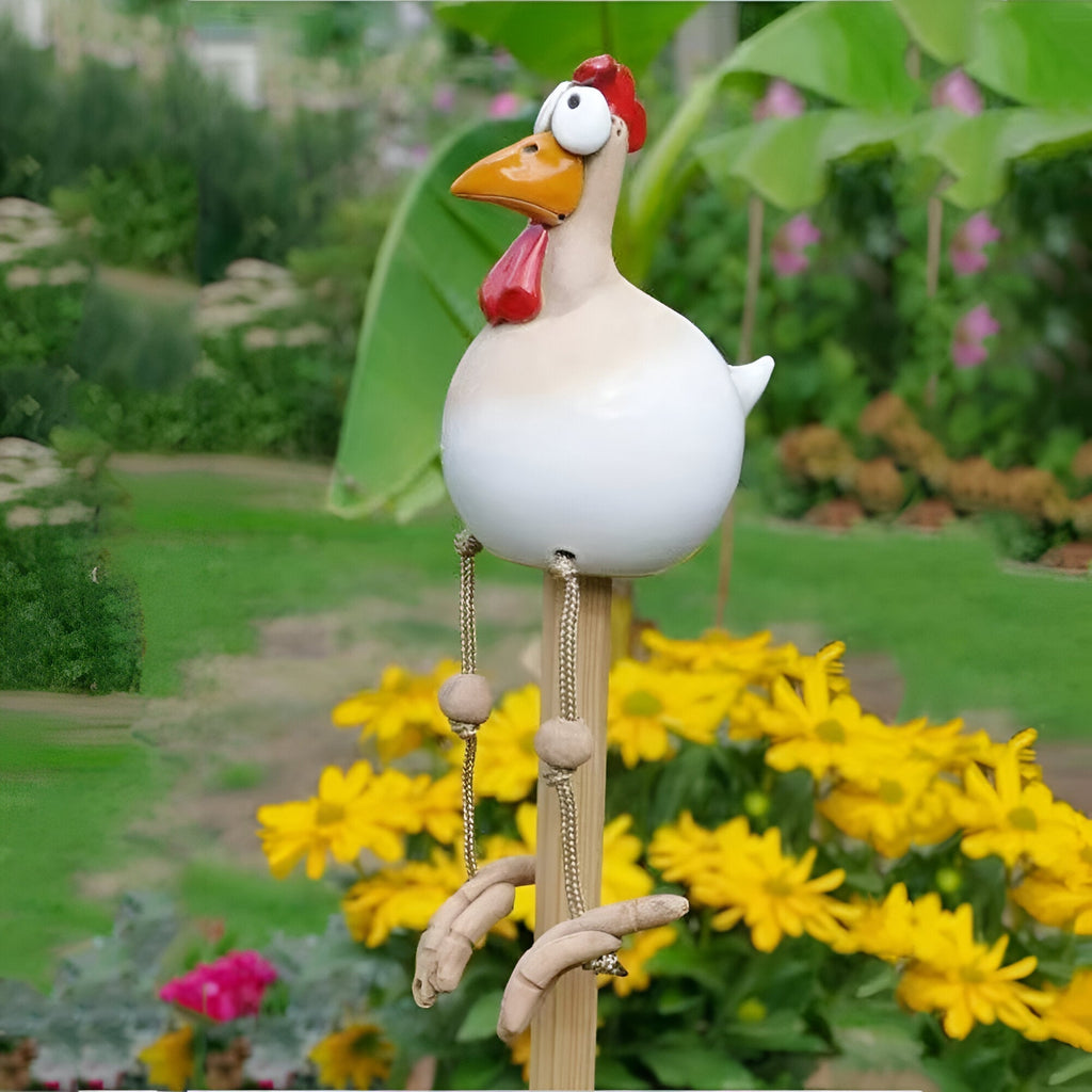 Poule décorative de jardin en résine, grands yeux, pattes mobiles
