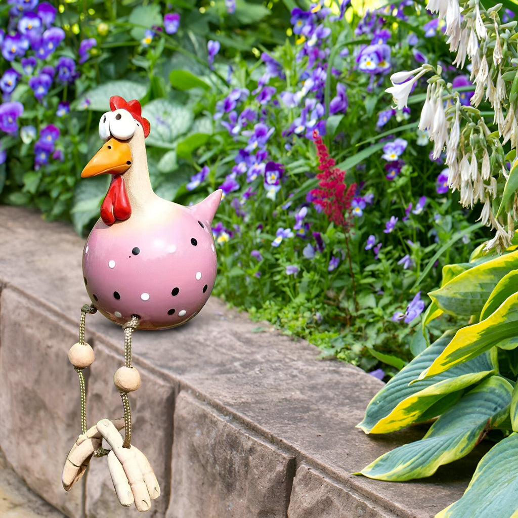 Poule décorative de jardin en résine, grands yeux, pattes mobiles