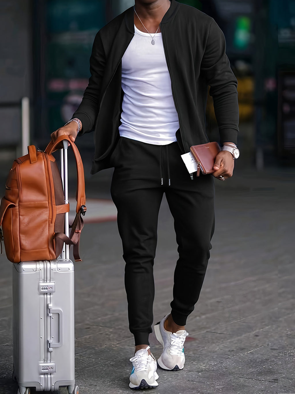 Survêtement homme veste zippée et pantalon à cordon, du S au 3XL, noir
