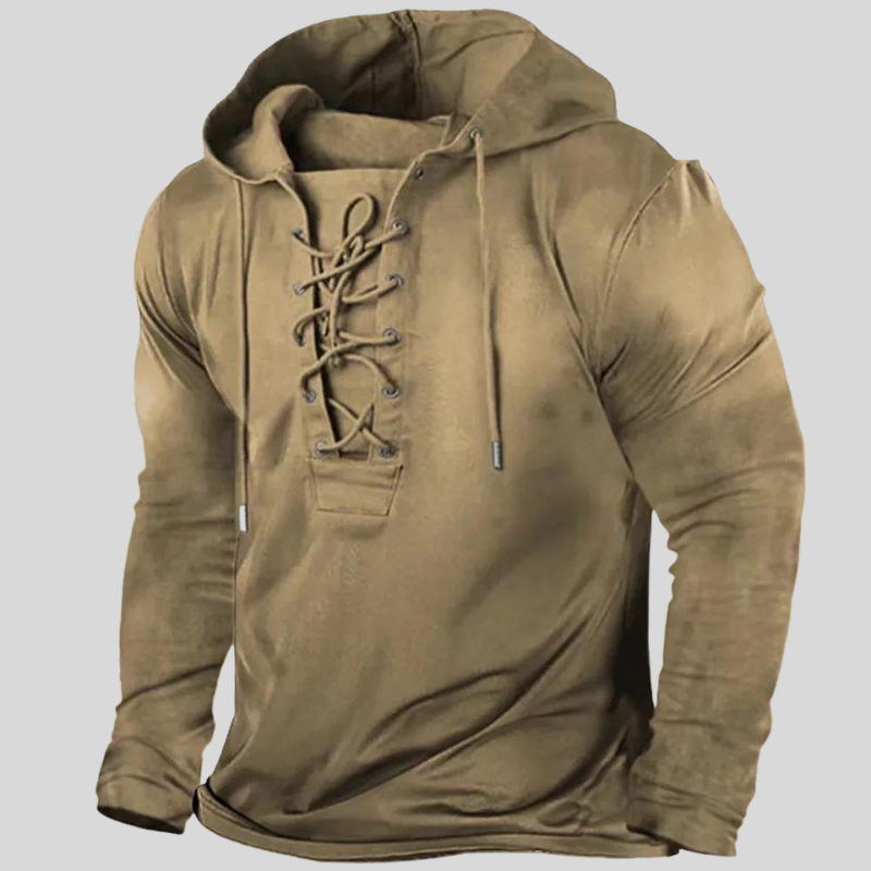 Sweat à capuche homme à laçage devant, poches latérales, kaki