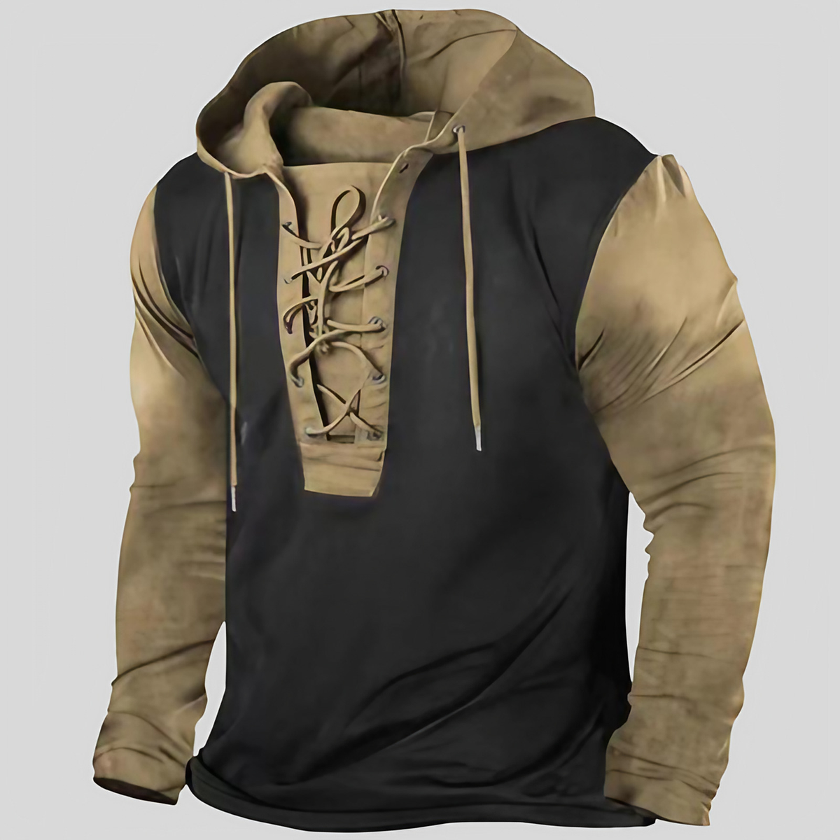 Sweat à capuche homme à laçage devant, poches latérales, kaki et noir
