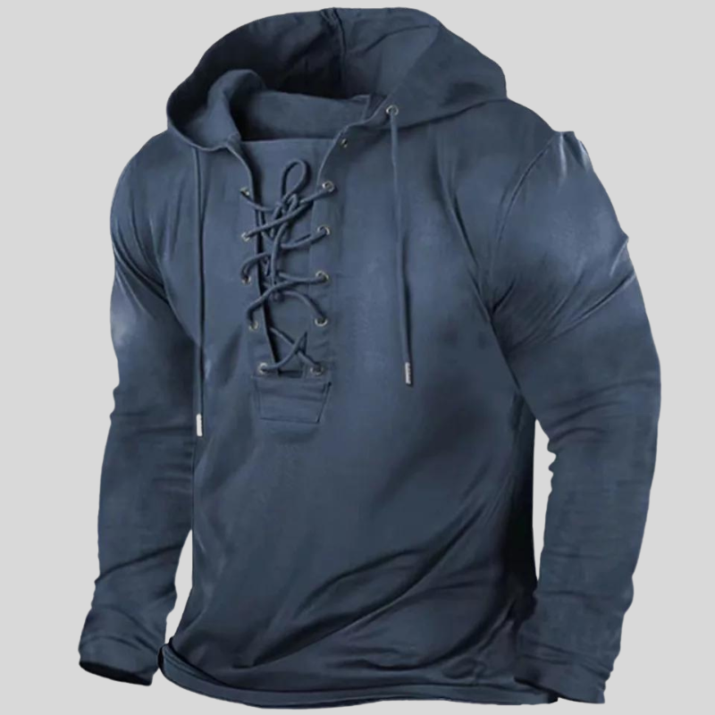 Sweat à capuche homme à laçage devant, poches latérales, bleu