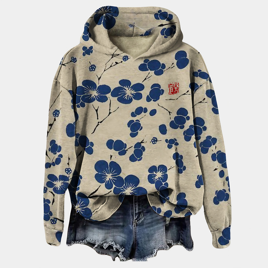 Sweat à capuche femme imprimé fleurs, coupe ample, du XS au 3XL, bleu 02