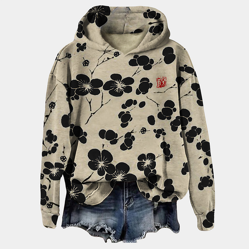 Sweat à capuche femme imprimé fleurs, coupe ample, du XS au 3XL, noir