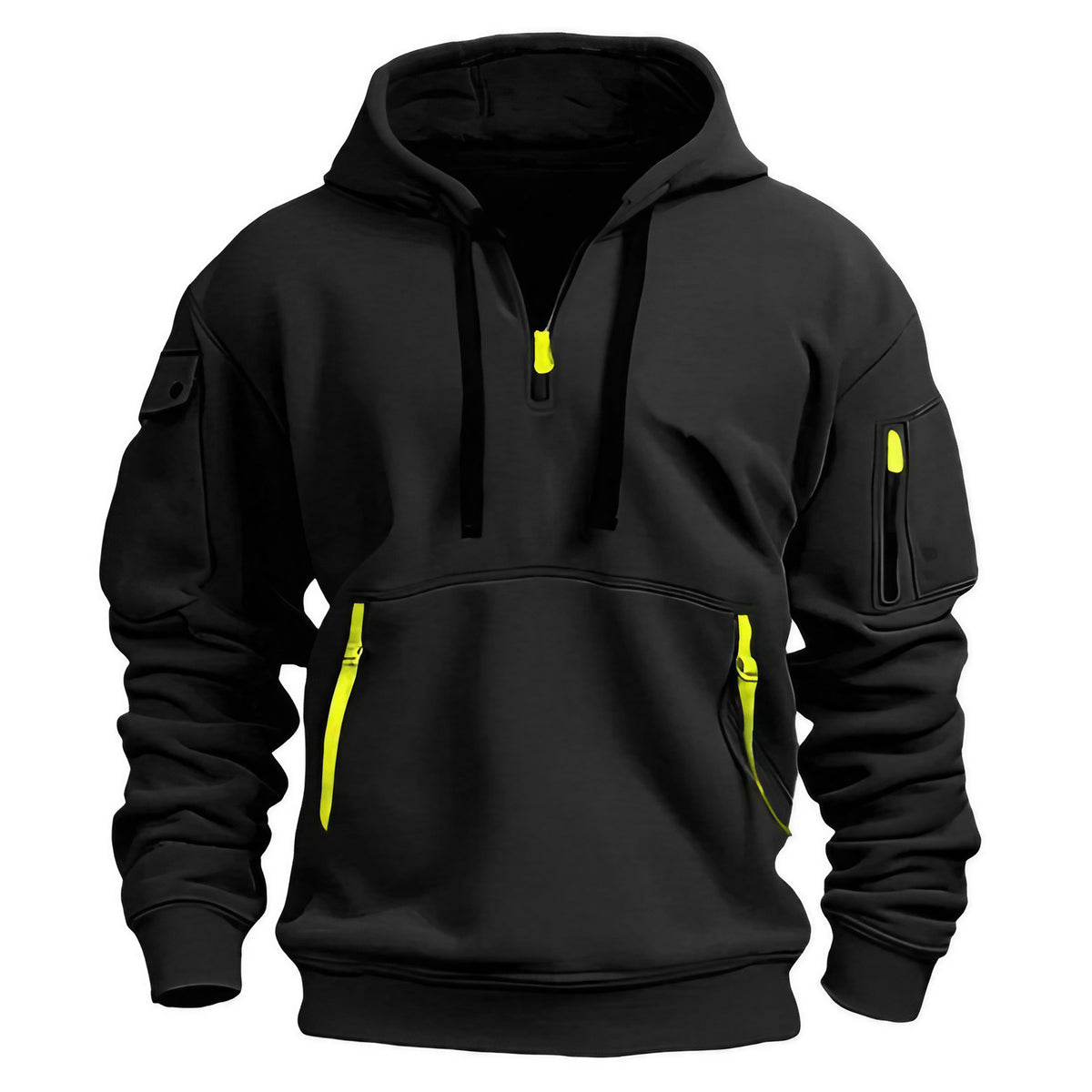Sweat homme à capuche et col demi-zip, six coloris, du S au 4XL, noir