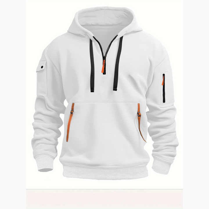 Sweat homme à capuche et col demi-zip, six coloris, du S au 4XL, blanc