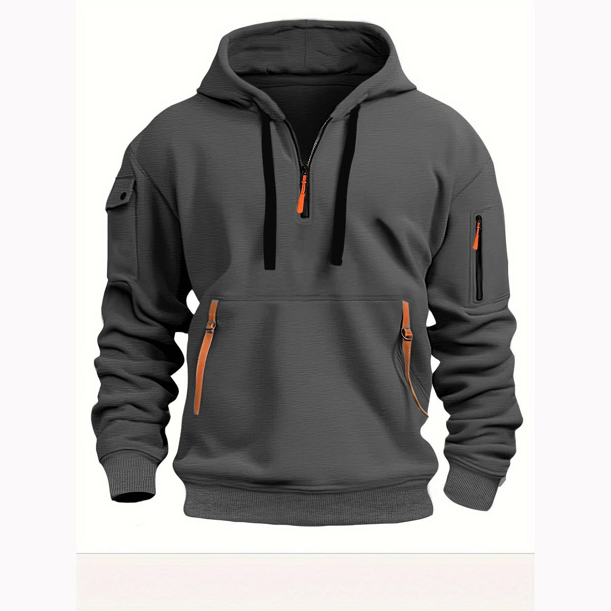 Sweat homme à capuche et col demi-zip, six coloris, du S au 4XL, gris foncé