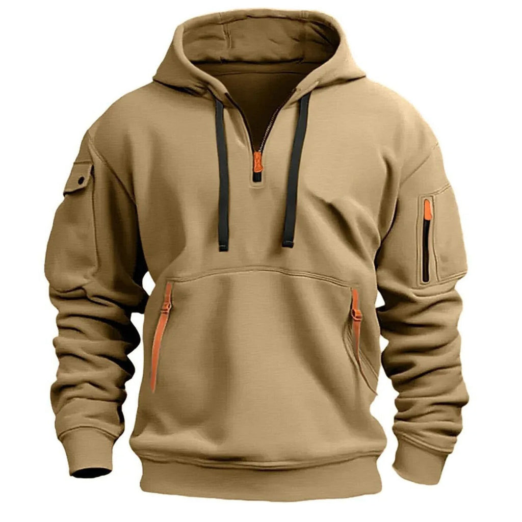 Sweat homme à capuche et col demi-zip, six coloris, du S au 4XL, chameau