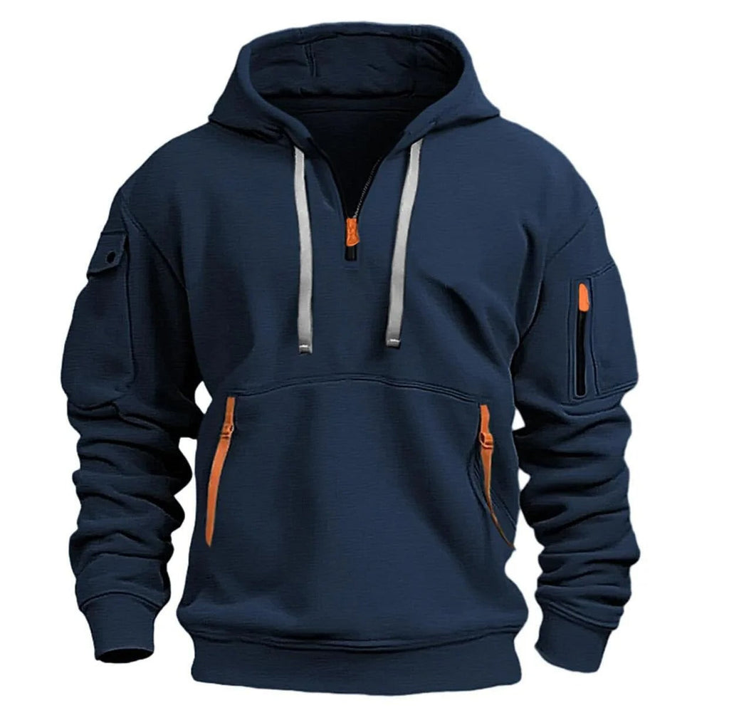 Sweat homme à capuche et col demi-zip, six coloris, du S au 4XL, bleu
