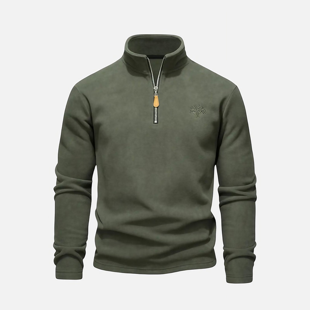 Sweat homme à col montant zippé, détails brodés, vert