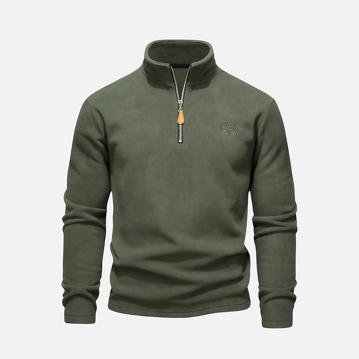 Sweat homme à col montant zippé, détails brodés, vert