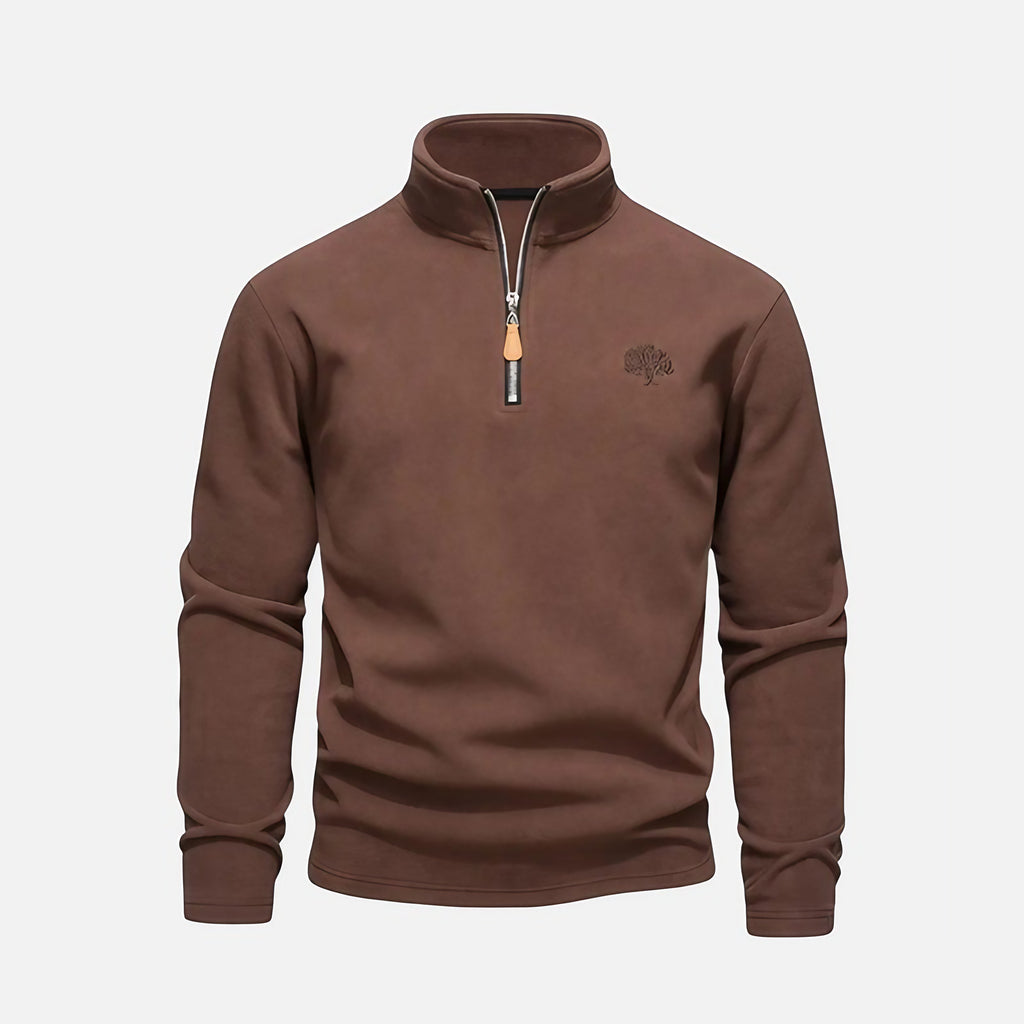 Sweat homme à col montant zippé, détails brodés, marron