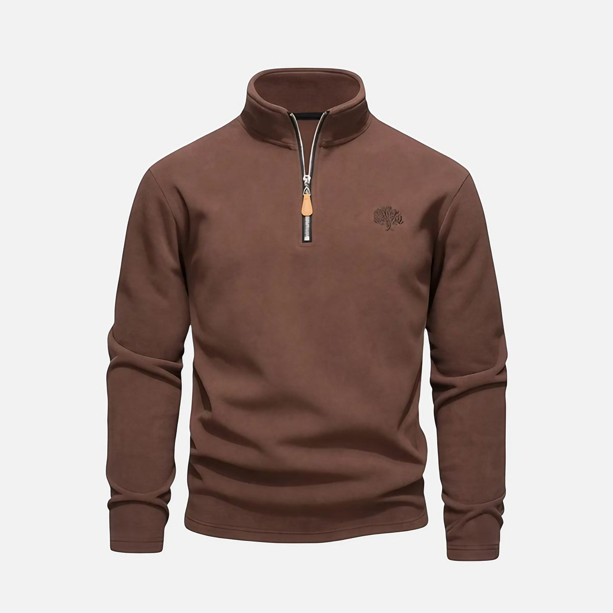 Sweat homme à col montant zippé, détails brodés, marron