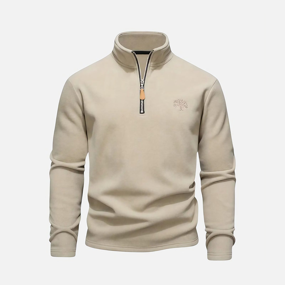 Sweat homme à col montant zippé, détails brodés, beige
