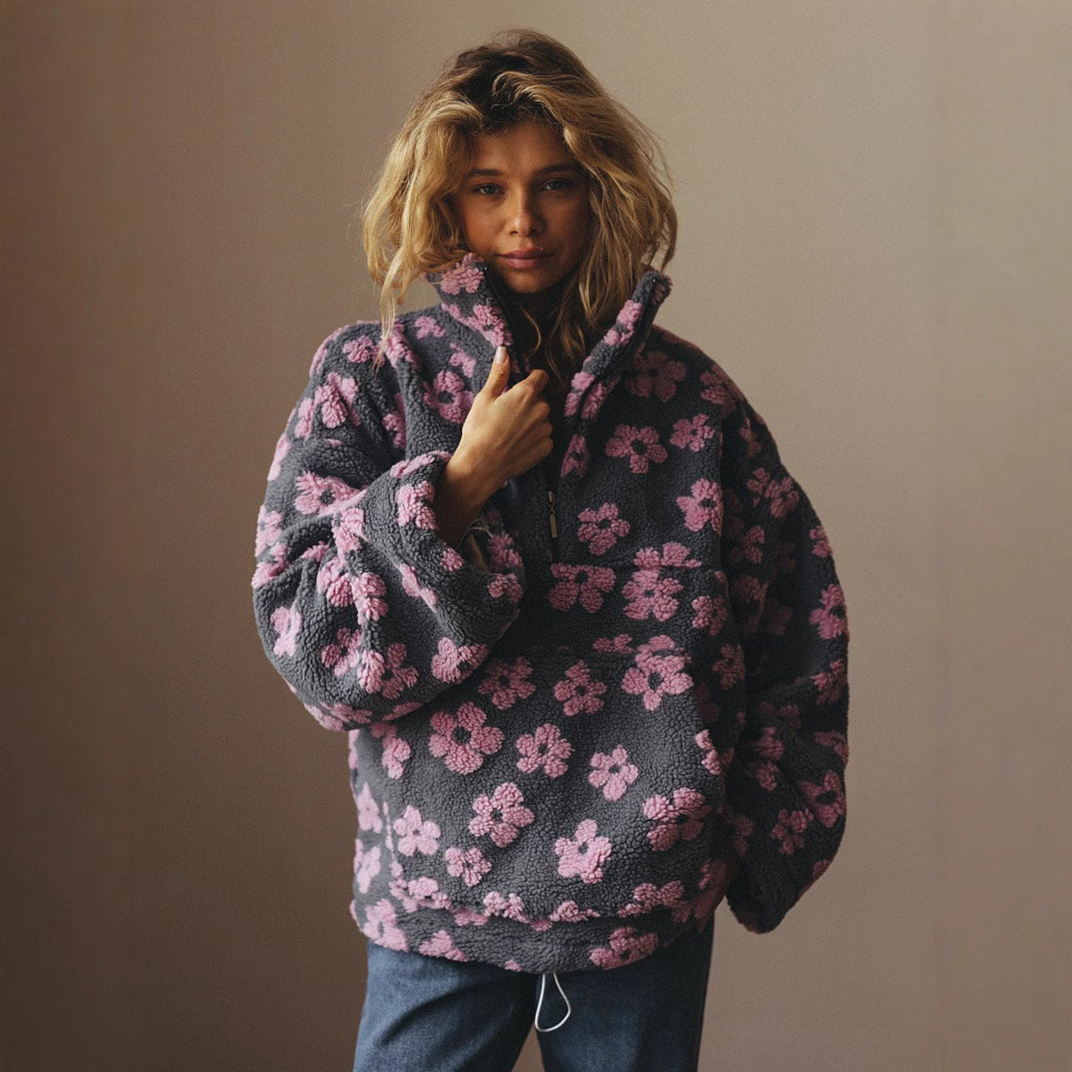 Sweat zippé femme à poche kangourou, coupe ample, du S au 2XL