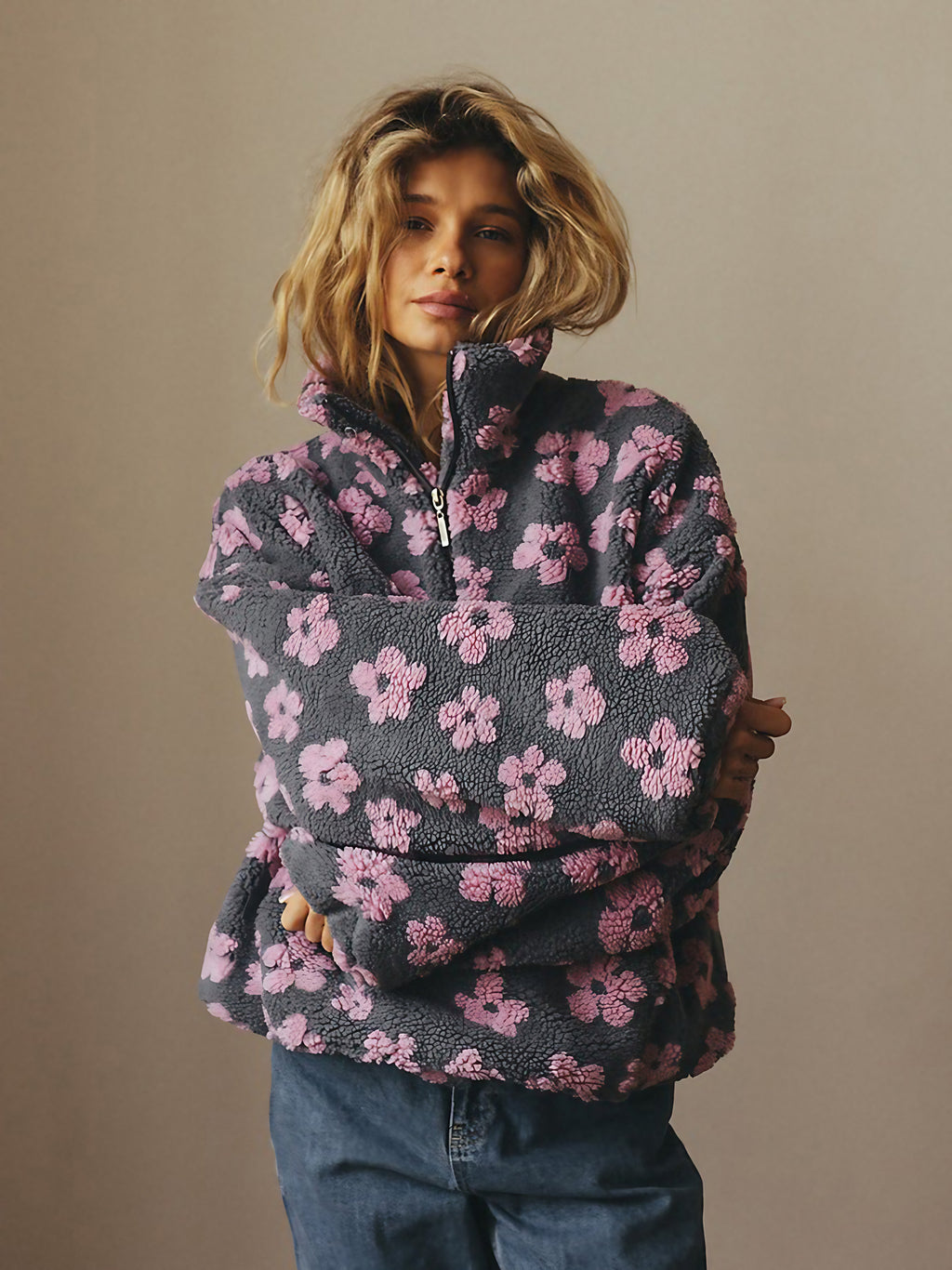 Sweat zippé femme à poche kangourou, coupe ample, du S au 2XL, rose