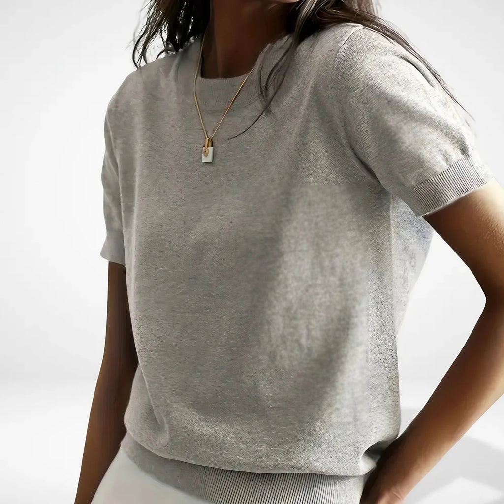 T-shirt femme col rond ajusté, manches courtes, blanc ou gris, gris