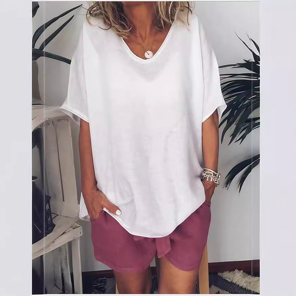 T-shirt femme col V, manches courtes, six coloris, blanc