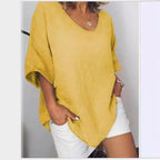 T-shirt femme col V, manches courtes, six coloris, jaune