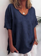 T-shirt femme col V, manches courtes, six coloris, bleu