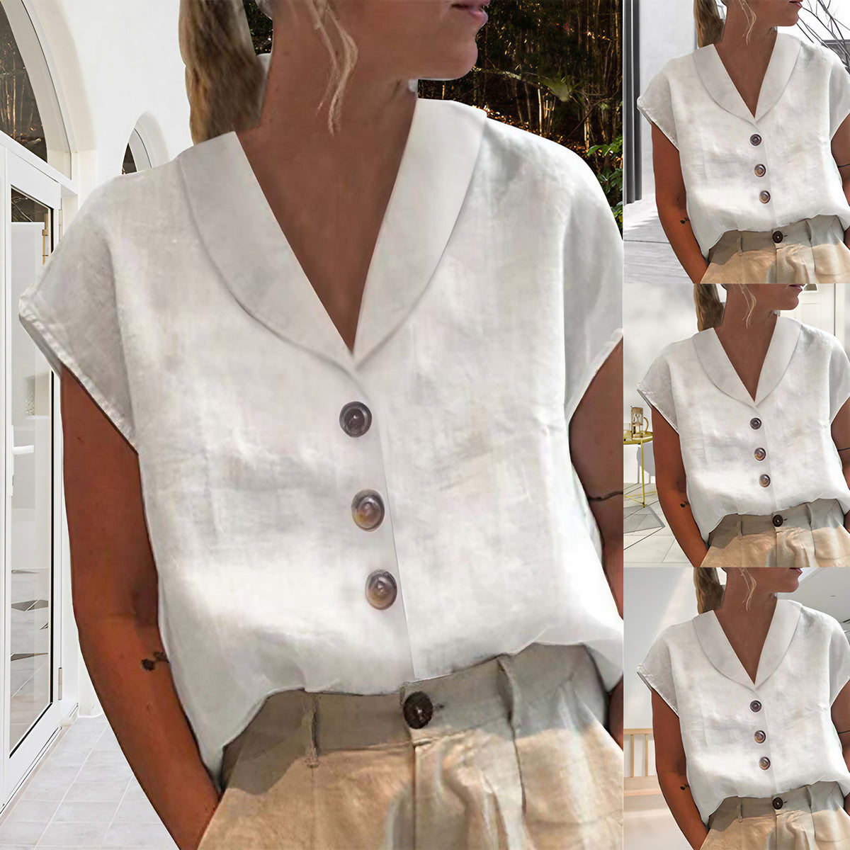 T-shirt femme uni à boutons, six coloris, du S au 3XL, blanc