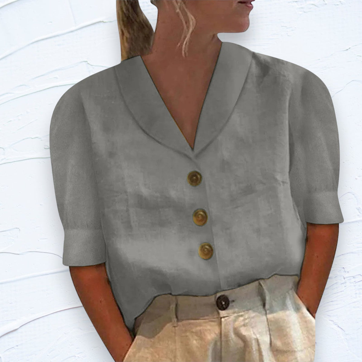 T-shirt femme uni à boutons, six coloris, du S au 3XL, gris