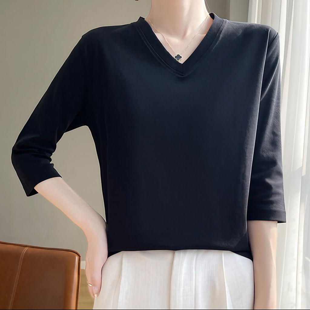 T-shirt femme col V à manches kimono, coupe droite, six coloris, noir