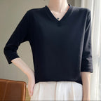 T-shirt femme col V à manches kimono, coupe droite, six coloris, noir