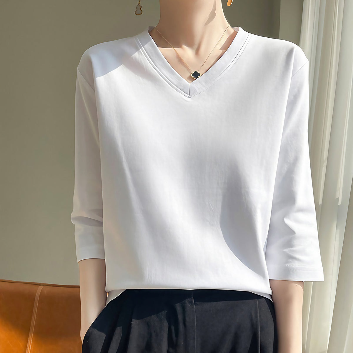 T-shirt femme col V à manches kimono, coupe droite, six coloris, blanc