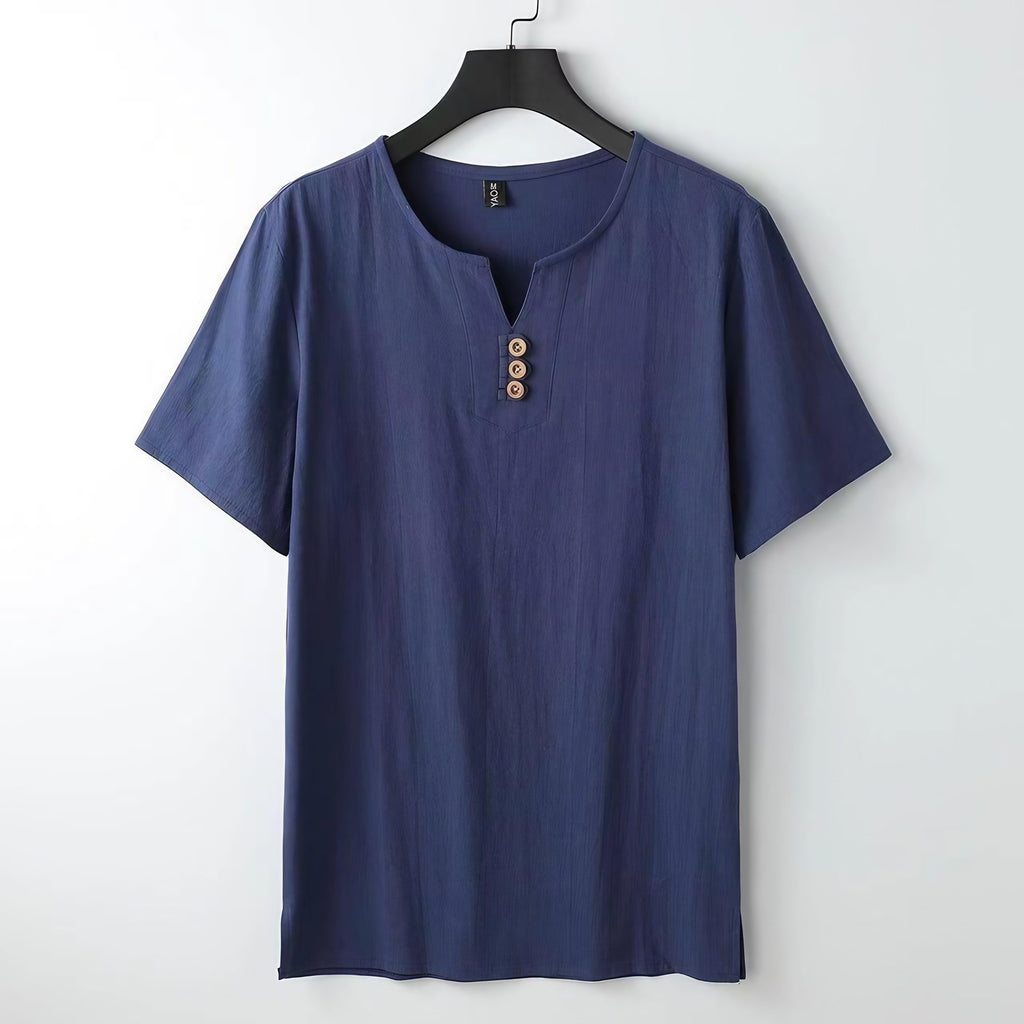 T-shirt col henley homme à boutons, manches courtes, cinq coloris, bleu