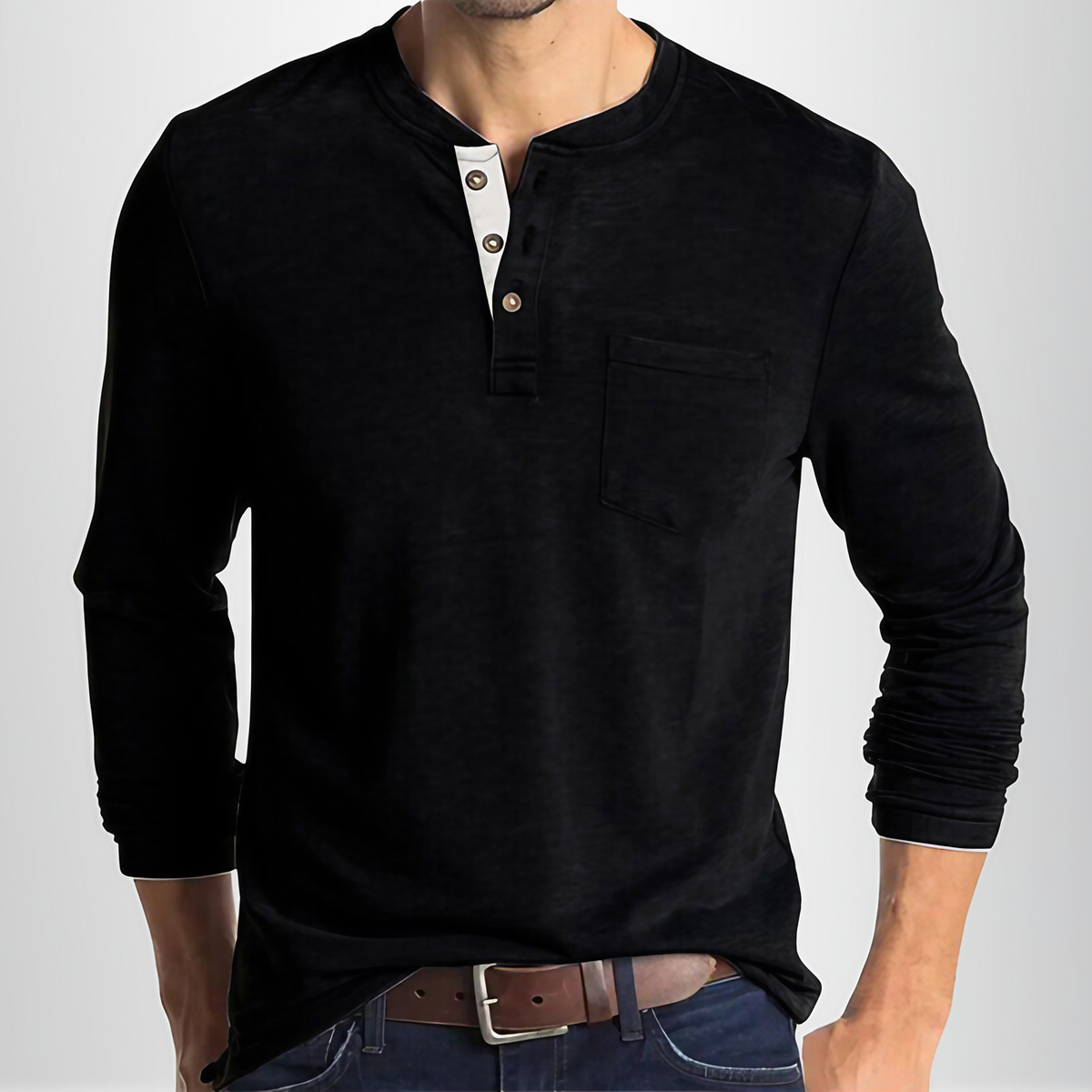 T-shirt homme manches longues à col tunisien, dix coloris, noir