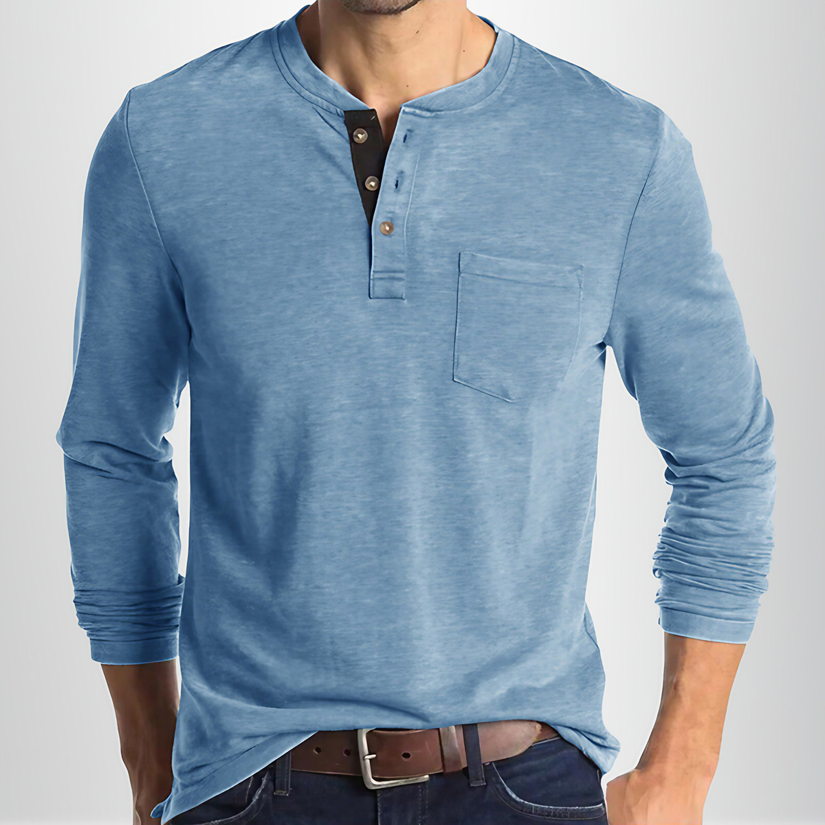 T-shirt homme manches longues à col tunisien, dix coloris, bleu clair