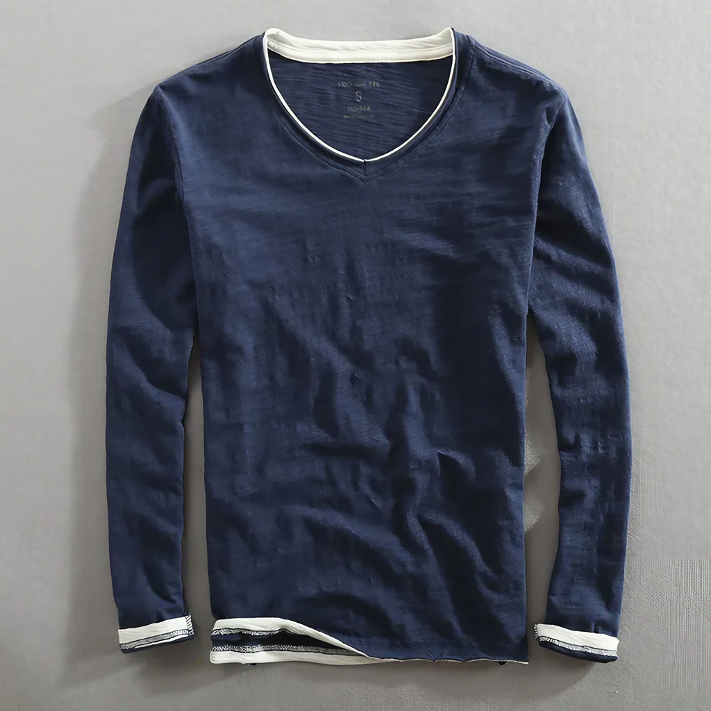 T-shirt homme à manches longues col V, noir, blanc ou marine, bleu marine