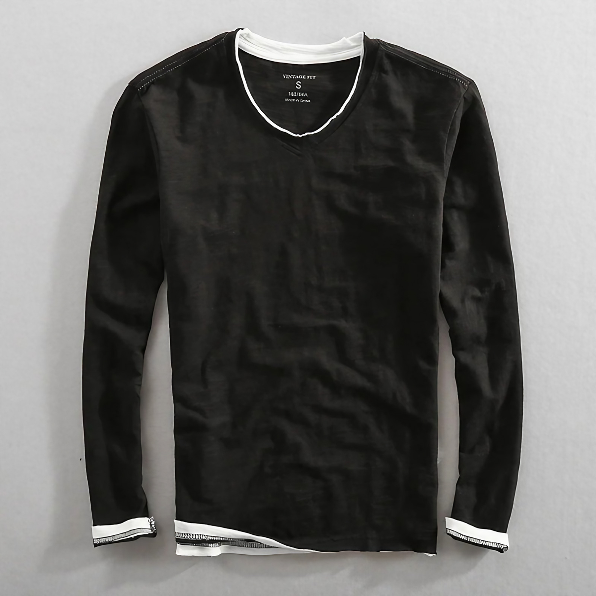 T-shirt homme à manches longues col V, noir, blanc ou marine, noir